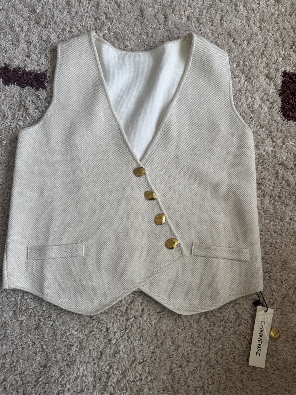Commense Cream Textured Button Vest with Gold Buttons